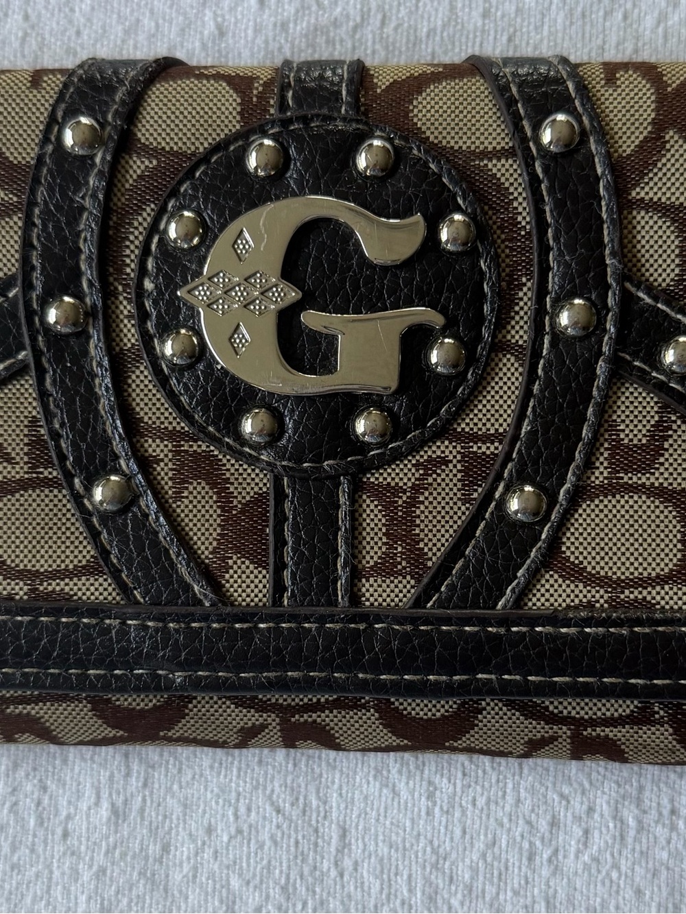 Guess Brown Signature Canvas Wallet with Black Trim and Silver G Logo